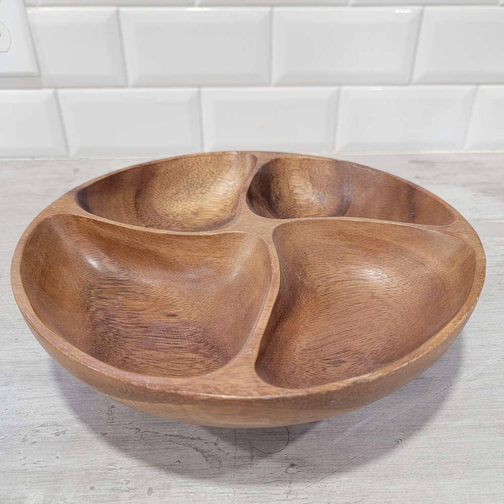 Vintage Wooden Swivel Serving Dish Divided Plate Carved Lazy Susan Mid-Century